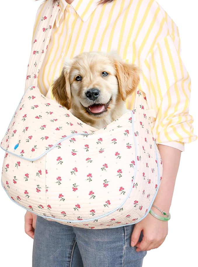 Floral Dog Sling Carrier, Breathable Cotton Hand-Free Cat Carrier,Chest Pet Purse for Small Dog Cat 3-12 lbs (White, Medium)