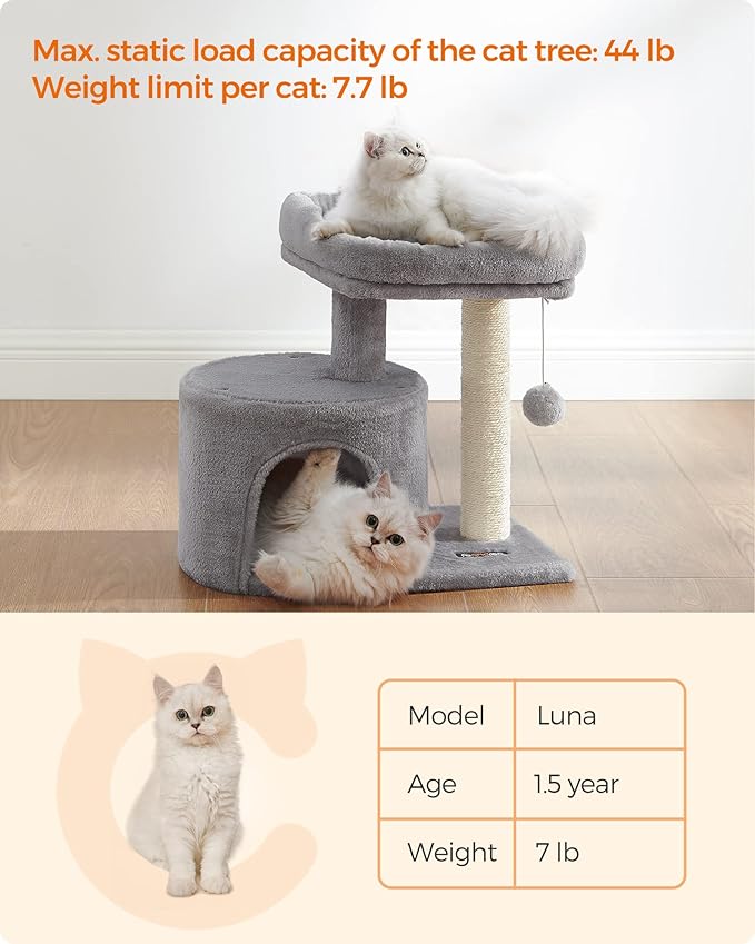 Feandrea Cat Tree Tower with Sisal Scratching Post, Cat Condo with Padded Perch, for Small Spaces, Kittens, Light Gray UPCT50W