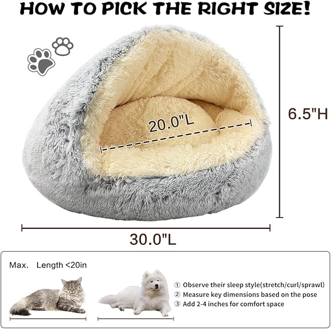 ShinHye Round Plush Fluffy Hooded Cat Bed Cave, Cozy for Indoor Cats or Small Dogs, Waterproof Bottom, Washable（30 in）