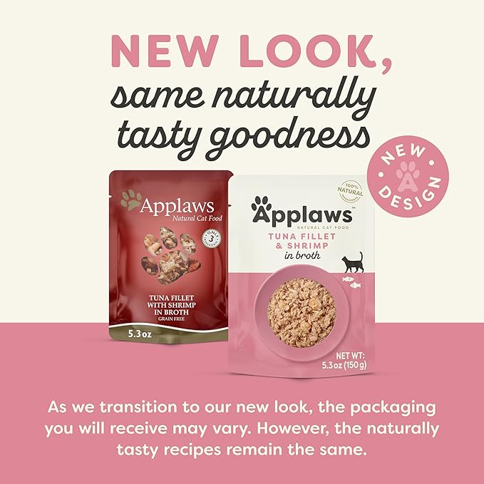 Applaws Natural Wet Cat Food in Broth, Limited and Natural Ingredients, High Protein with No Artificial Additives, Tuna Fillet & Shrimp in Broth (12 x 5.3oz Pouches)