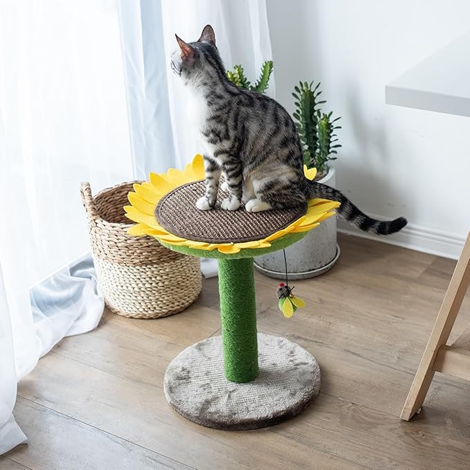 Catry 23" 2-in-1 Replaceable Cat Scratching Post with Convertible Sunflower Scratching Pad or Perch, Quick Assembly, Garden Style, Ideal for Small to Medium Cats