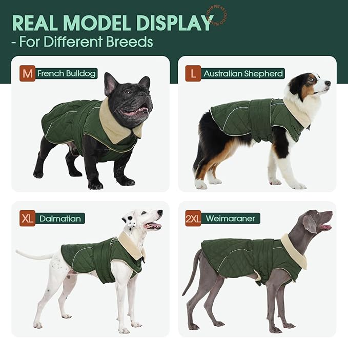 Kuoser Dog Winter Coat Waterproof Dog Snow Jacket, Warm Fleece Lined Pet Turtleneck Snowsuit Puppy Cold Weather Coats with Harness Hole, Adjustable Winter Vest for Medium Large Dogs, Green, L