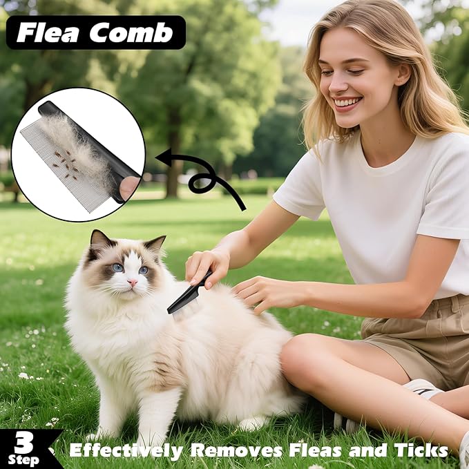 3PCS Self Cleaning Slicker Brush & Pet Grooming Rake & Flea Comb for Dogs,Cats and Horses | Double-Sided Dematting Comb & Skin Friendly Deshedding Grooming Tool | Premium Pet Supplies（Gray Black)