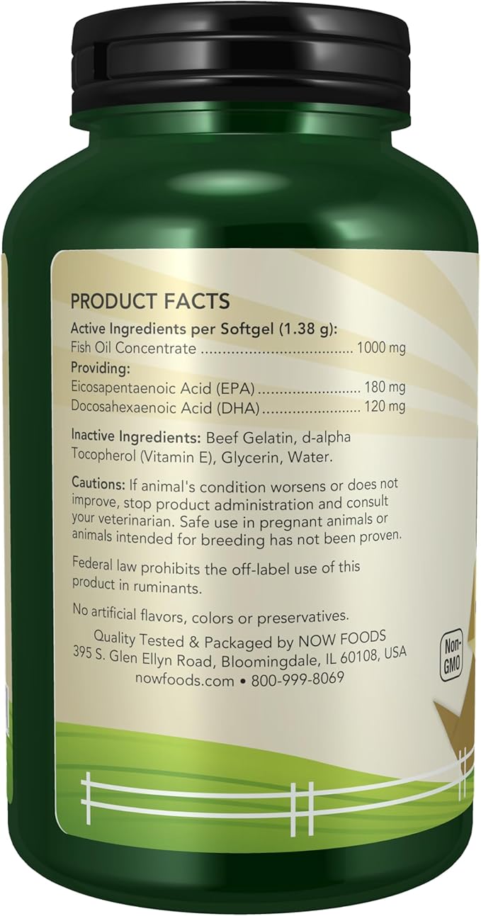 NOW Pet Health, Omega 3 Supplement, Formulated for Cats & Dogs, NASC Certified, 180 Softgels