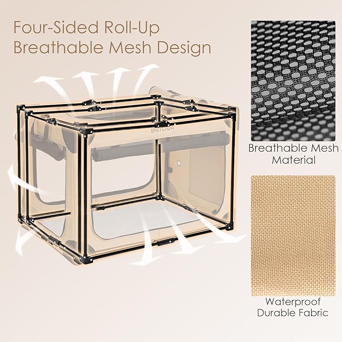 EHEYCIGA Collapsible Dog Crate 42 Inches, Portable Travel Crate for Extra Large Dogs, Soft Foldable Pet Kennel with 4-Door Mesh Windows Indoor & Outdoor, Biege