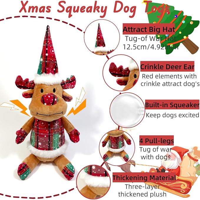 Christmas Dog Squeaky Toys with Crinkle, Xmas Interactive Plush Dog Toys, Dog Enrichment Chew Toys to Keep Them Busy, Dog Toys for Small Medium Large Size, Puppy Toys (Hat Deer)
