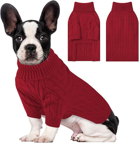 Small Dog Thermal Pullover Sweater, Classic Turtleneck Cable Knitwear Dog Clothes for Cold Weather Warm Pet Clothes for Chihuahua, Bulldog, Dachshund, Pug Red Medium