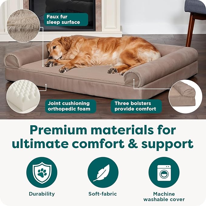 Furhaven Orthopedic Dog Bed for Large Dogs w/ Removable Bolsters & Washable Cover, For Dogs Up to 95 lbs - Luxe Faux Fur & Performance Linen Sofa - Woodsmoke, Jumbo/XL
