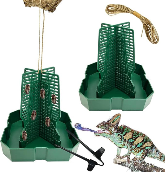 Chameleon Feeding Bowl Hanging Bearded Dragon Feeder Bug Bowls with Rope and Tweezers Mounted Insect Reptile Feeder Box for Lizard Gecko Frog (Green,Large)