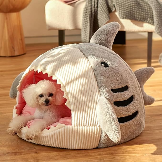Shark Cat House, Shark Shaped Kennel, Kitten Bed Hideout House, Covered Shark Head Shaped Indoor Pet Nest for Cat, Small Dogs (Grey, S(15 * 13.8 * 12.6 in))