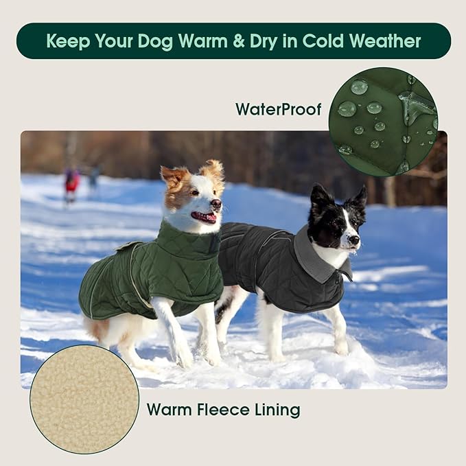 Kuoser Dog Winter Coat Waterproof Dog Snow Jacket, Warm Fleece Lined Pet Turtleneck Snowsuit Puppy Cold Weather Coats with Harness Hole, Adjustable Winter Vest for Medium Large Dogs, Grey, L