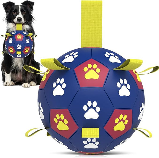 QDAN Dog Toy Balls, Premium Dog Soccer Ball with Straps, Outdoor Dog Toys, World Cup Pet Training Soccer for Medium to Large (8 Inch)