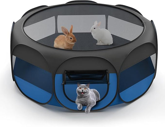 Small Animal Playpen, Chicken Brooder Box with Cover Top, Portable Outdoor Exercise Pet Cage Tent, Waterproof Breathable Pet playpen Indoor for Chick Ktiien Bunny Hamster Guinea Pig,Black+Blue