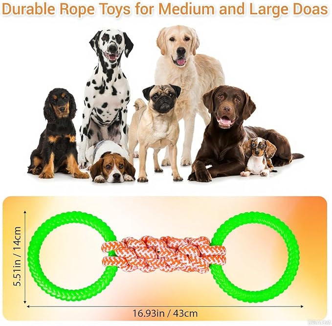 Dog Leash Interactive Toys, tug-of-war Toys Suitable for Large, Medium and Small Dogs, Double-Ring Rubber Grinding Teeth, 100% Cotton Rope Chewing Toys, Teeth Cleaning and Interaction (Green)