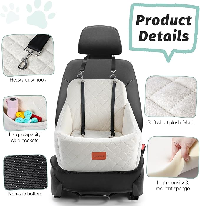 Dog Car Seat for Medium Dogs Up to 35lbs,Easy to Install with Adjustable Straps,Anti-Slip Bottom,Fully Detachable and Washable,Soft Fabric Fill in Memory Foam,2 Side Pockets(Beige,Medium)