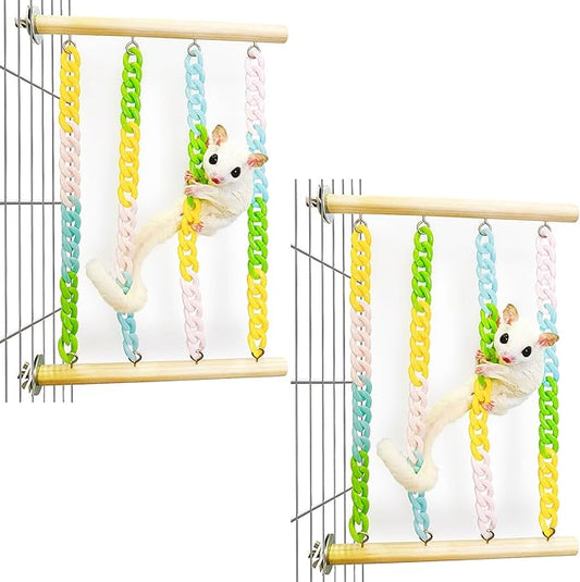 2Pcs Sugar Glider Climbing Toys, Natural Wood with Sturdy Colorful Chains Hanging Toys Sugar Glider Cage Accessories, Wobble-Free Rat Enrichment Toys for Small Animals and Parrots