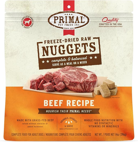 Primal Freeze Dried Raw Dog Food Nuggets, Beef, Complete & Balanced Meal, Also Use as Topper or Treat, Premium, Healthy, Grain Free, High Protein Raw Dog Food, 14 oz