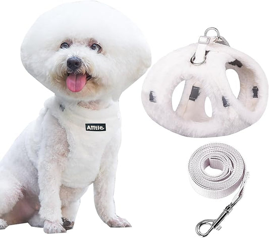 AIITLE Step in Dog Harness and Leash Set - Warm and Cozy Dog Vest Harness with Magic Tape Design, Reflective No-Pull Plush Pet Harness for Outdoor Walking, Training for Small Dogs, Cats White XXS