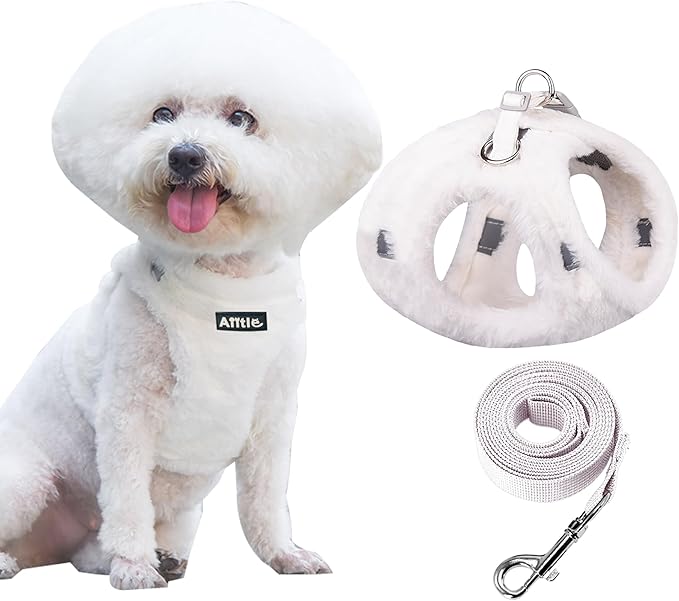 AIITLE Reflective Dog Vest Harness and Leash Set - Adjustable Plush Dog Harness with Safety Buckle and Double O-Rings Buckle - Cold Weather Dog Harness for Indoor and Outdoor Use White XXXS
