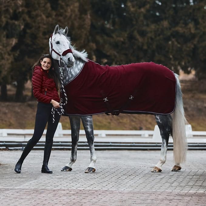 HORZE Kiel Fleece Horse Cooler Blanket | Quick-Dry Fleece Horse Cooler Sheet with X-Surcingles & Tail Cord - Dark Red - 66 in