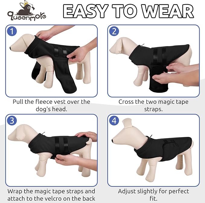 Queenmore Small Dog Warm Winter Jacket, Soft Fleece Vest Pullover with Leash Hole, Dachshund Cat Boy or Girl (Black, S)