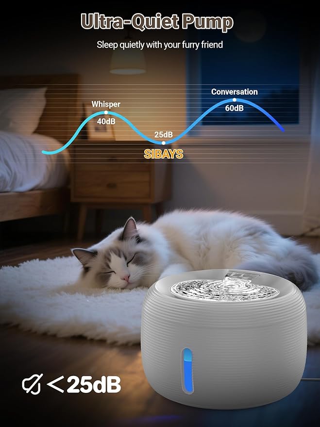 SIBAYS 3.5L/118oz Large Capacity Cat Water Fountain, Automatic Quiet Pet Water Fountain for Cats Indoor Cat Drinking Fountain, Dog Water Bowl Dispenser with LED Light & Water Level Window(FS77, Grey)
