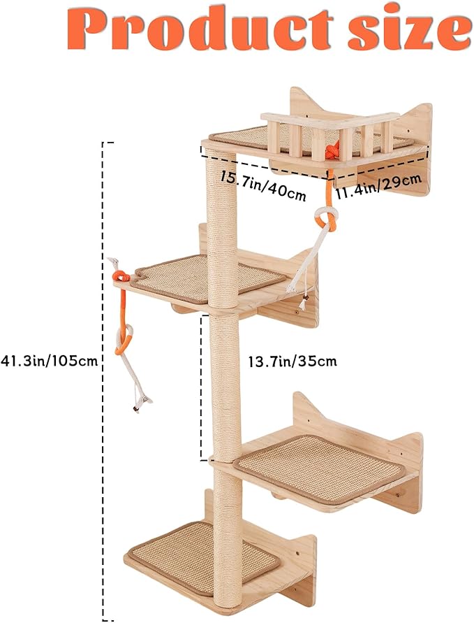 KVIDA Cat Wall Shelves for Large Cats – 7PCS Solid Wood Wall-Mounted Cat Tree with 3 Sisal Posts, Wide Perches & Lookout Tower, Space-Saving Climbing Furniture for Indoor Homes