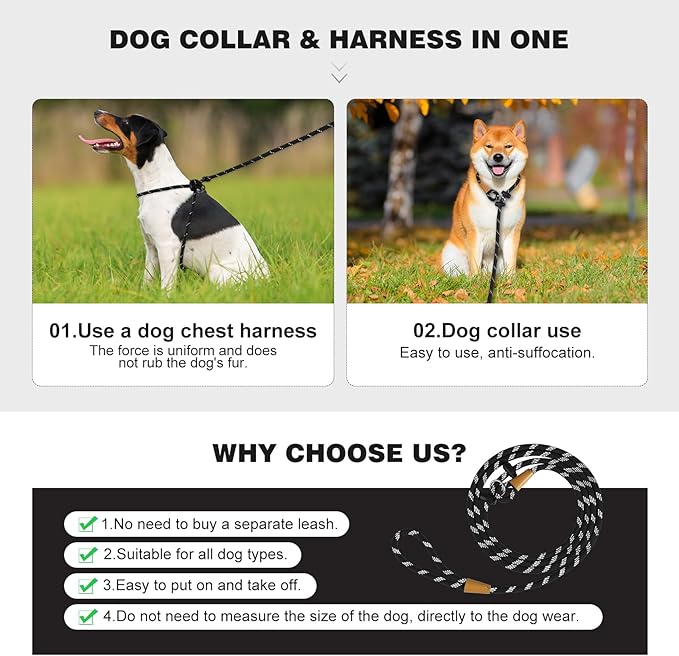 Lynxking No Pull Rope Dog Harness No Pull Reflective Leash Harness Collar 3 in 1 Dog Halter Harnesses Adjustable for Large Giant Dog (Black, Extra Large(up to 80Ibs) 10ft*1/2")