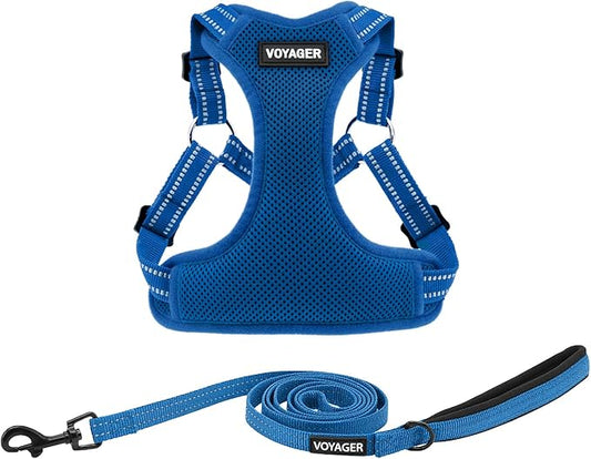Best Pet Supplies Voyager Mesh Dog Breathable Harness Reflective Stitching, All Weather Adjustable for Walking Training, or Running - Heavy Duty & Durable, Harness Leash Set (Royal Blue), L
