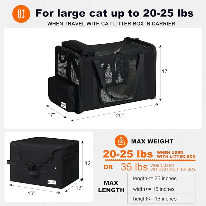 25''(L) x 17''(W) x 17''(H) Extra Large Expandable cat Carrier for car Travel,Soft Crate for 1 Large / 2 Medium Cats up to 35 lbs,Long Road Trip cage with a Leakproof Portable Litter Box