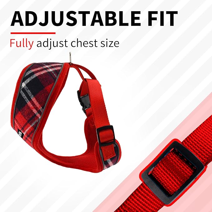 AIITLE Christmas Breathable Dog Harness for Small Dogs, Comfortable Adjustable Plaid Mesh Vest with Quick-Release Buckle, Reflective Safety Strips – Perfect for Poodles, Teddy Dogs (M, Red)
