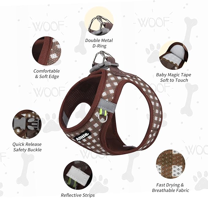 AIITLE Breathable Mesh Dog Vest Harness, No Pull Escape Proof Vest Harnesses with Reflective Bands, Adjustable Plaid Pet Outdoor Harnesses for Small and Medium Dogs Chocolate M