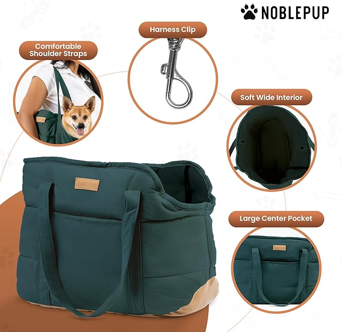 NoblePup Cozy Plush Dog Purse Carrier for Small Dogs - Dog Carrier Purse with Secure Harness Clip, Dog Tote Bag for Small Dogs and Puppies - Green