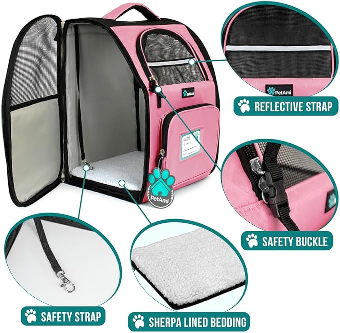 PetAmi Dog Backpack Carrier for Small Large Cat, Pet, Puppy, Ventilated Pet Hiking Backpack Travel Bag, Airline Approved Cat Backpack Carrier, Camping Biking Dog Bag Up to 18lbs Pet, Pink