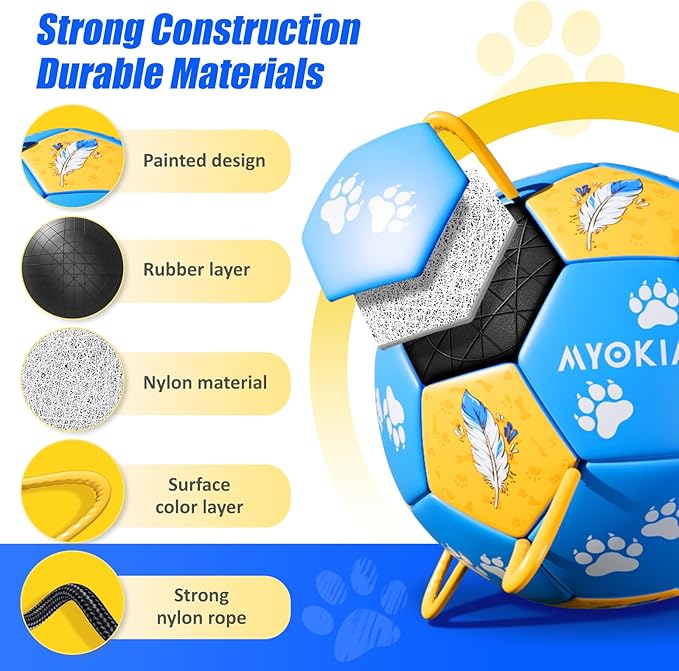 Size 2 Dog Soccer Ball with Straps Durable Training Ball for Pets Interactive Outdoor Dog Toy, Blue & Yellow, Paw Prints and Feather Design, for Small to Medium Puppies