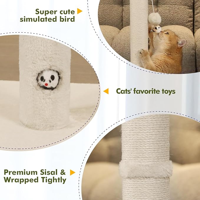34‘’ Tall Cat Scratching Post with Premium Sisal Rope for Indoor Scratcher Post Tree for Indoor Cat Toy with Mouse Hole, Hanging Ball for Adult Cats and Kittens(Beige)