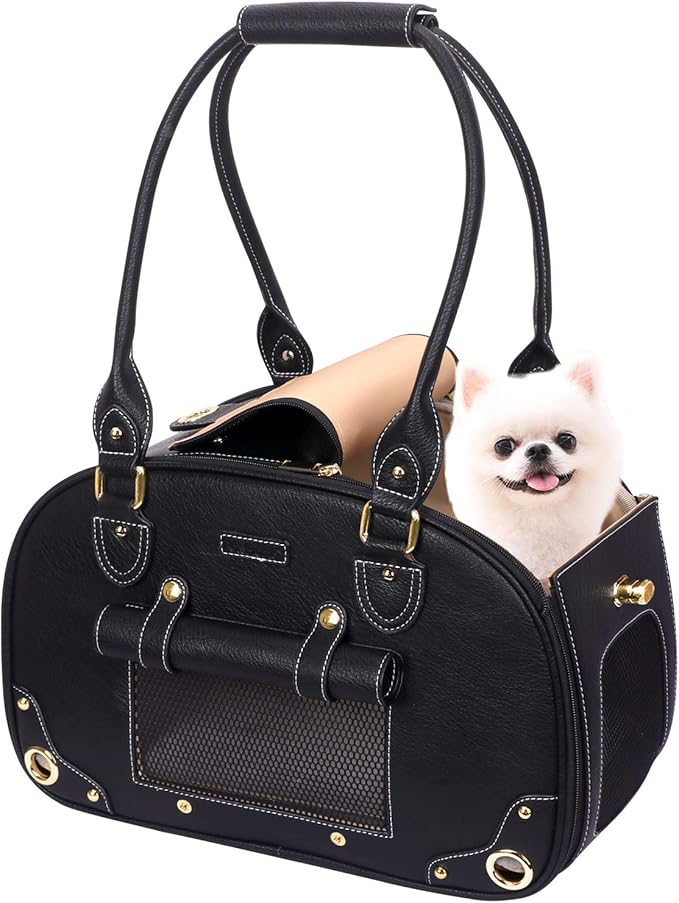 PetsHome Dog Carrier Purse, Pet Carrier, Cat Carrier, Foldable Waterproof Premium PU Leather Pet Travel Portable Bag Carrier for Cat and Small Dog Home & Outdoor Medium Black
