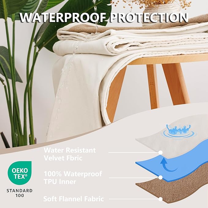 Waterproof Dog Blanket for Bed, Reversible King Size Pet Couch Throw Blankets Leak Proof Sofa Protector for Furniture Machine Washable-82x108,Khaki+Beige