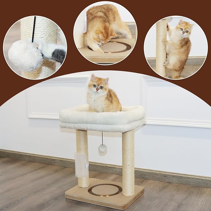 Small Cat Tree Tower Scratching Post with Perch Bed for Indoor Cats and Kittens,Track Ball Hanging Ball Toy Self-Massage Brush Beige