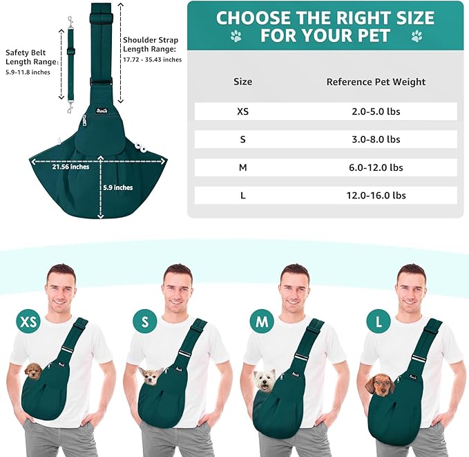 SlowTon Dog Carrier Sling - Thick Padded Shoulder Strap Adjustable Dog Carriers for Small Dogs, Puppy Carrier Purse for Pet Cat with Front Zipper Pocket Safety Belt Machine Washable (Green M)