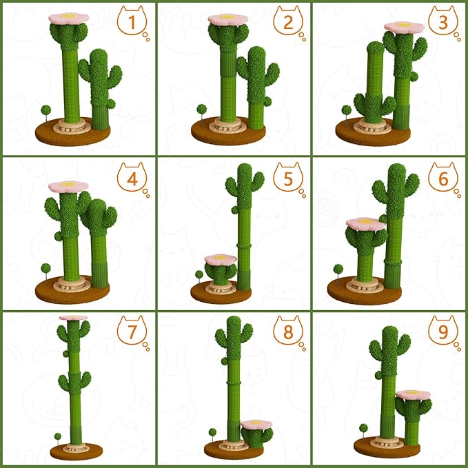 DIY Cactus Cat Scratching Post with Self-Grooming Brush and Ball Toy, 9+ Adjustable Installation Styles, Modular Sisal Cat Scratching Post for Indoor Cats and Kittens, Customizable Cat Furniture