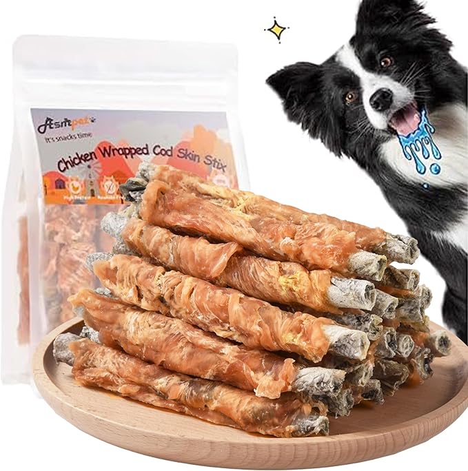 ASMPET Dog Cod Skin Treats, Chicken Wrapped Cod Skin Sticks, Rawhide Free Dog Treats Chews Bones
