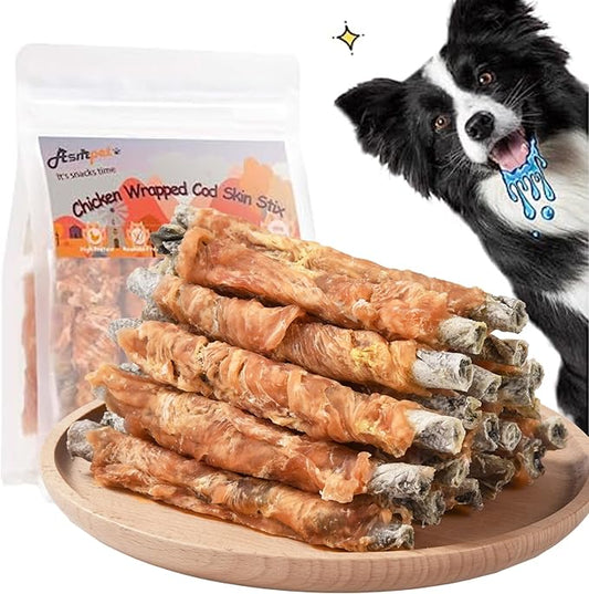 ASMPET Dog Cod Skin Treats, Chicken Wrapped Cod Skin Sticks, Rawhide Free Dog Treats Chews Bones