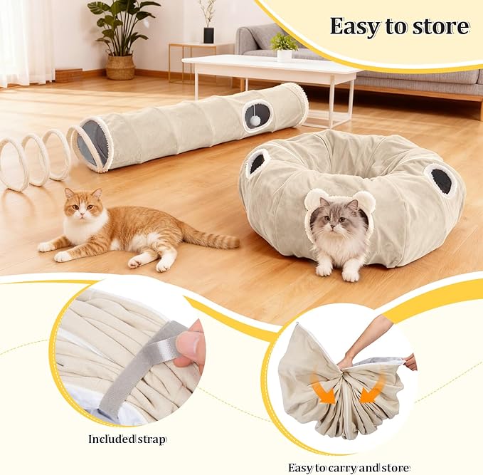 Ownpets 2-in-1 Cat Tunnel, Large Lollipop Shape Cat Tunnel Toy with Fluffy Balls, Spiral Toy, Plush Collapsible Cat Cave Hideout Donut Tunnel for Multi Kitten Puppy Rabbit, Beige