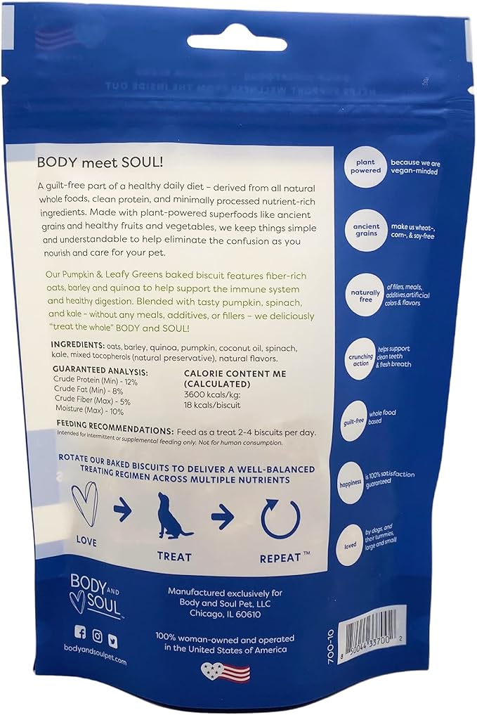 Body and Soul Pumpkin + Leafy Greens Crunchy Dog Treat - Superfood Biscuits Baked with Oats Barley & Quinoa - All-Natural Plant Based Clean Protein, No Additives or Fillers - Made in USA 2 Pack (20oz)