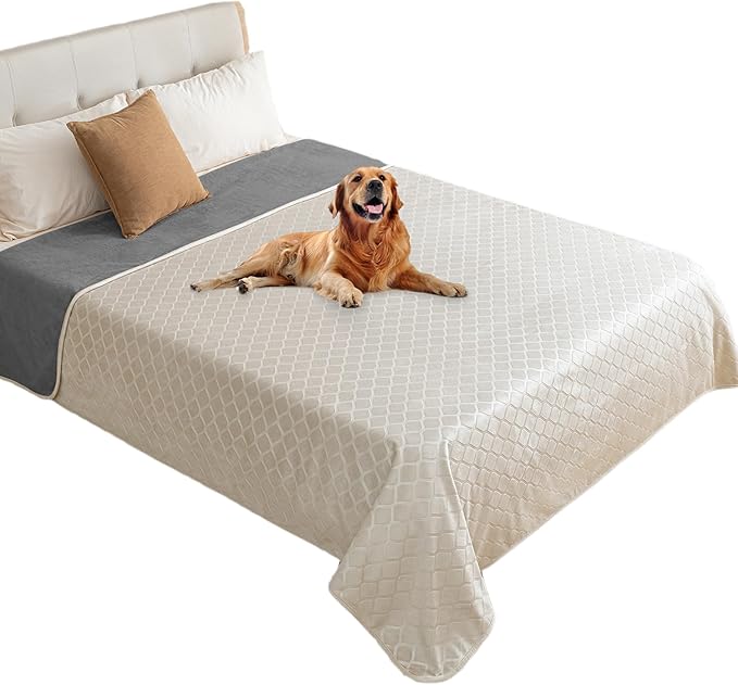 fuguitex Waterproof Dog Blanket Bed Cover Dog Crystal Velvet Moroccan Fuzzy Cozy Plush Pet Blanket Throw Blanket for Couch Sofa(82 * 82 inch, Cream+Grey)