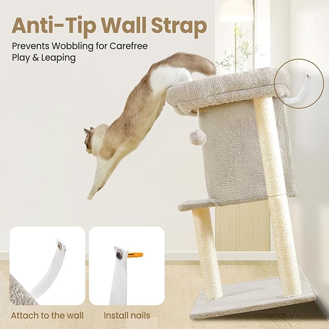 Small Cat Tree Tower for Indoor Large Cats, Cat Scratching Post with Big Perch Bed, 28in Tall Trees House with Condo Cave, Toy Balls, Modern Climbing Furniture Big Platform for Kitten (Light Gray)