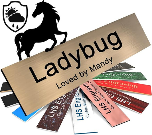 Personalized Horse Stall Name Plates, 2x8 Horse Stall Signs with Adhesive, All Weather UV Protected, Brushed Copper Pattern Plastic Black Letters - Made in USA - M5