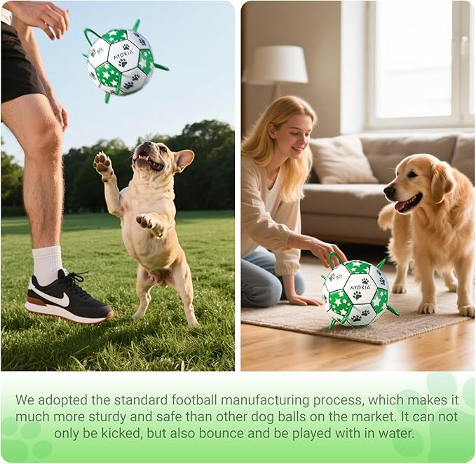 Size 2 Dog Soccer Ball with Straps White & Green Durable Training Ball for Pets Interactive Outdoor Dog Toy, for Small & Medium Puppies, Pet Supplies