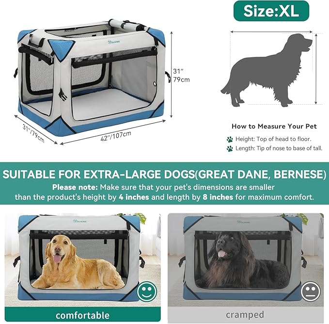 YITAHOME Collapsible Dog Crate, 4-Door Portable Travel Dog Crate, 4-Door Folding Soft Dog Kennel with Breathable Mesh Windows & Soft Mat，Indoor & Outdoor Use, 42" L x 31" W x 31" H, Flat Style